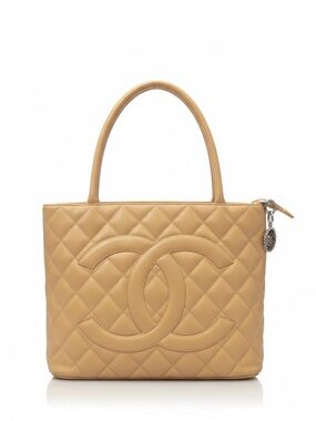 CHANEL Tan Medallion Tote Quilted CaviarLeather Tote with CC Silver Charm